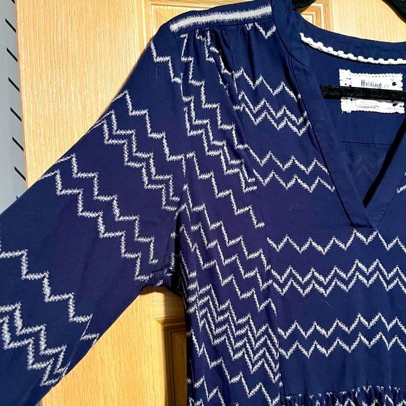 Holding Horses Anthropologie Navy Ric Rac Mini Long Sleeve Zig Zag Dress Medium - Picture 8 of 13